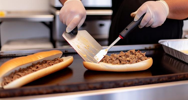 Philly cheesesteak filling being scooped onto toasted hoagie roll with spatula