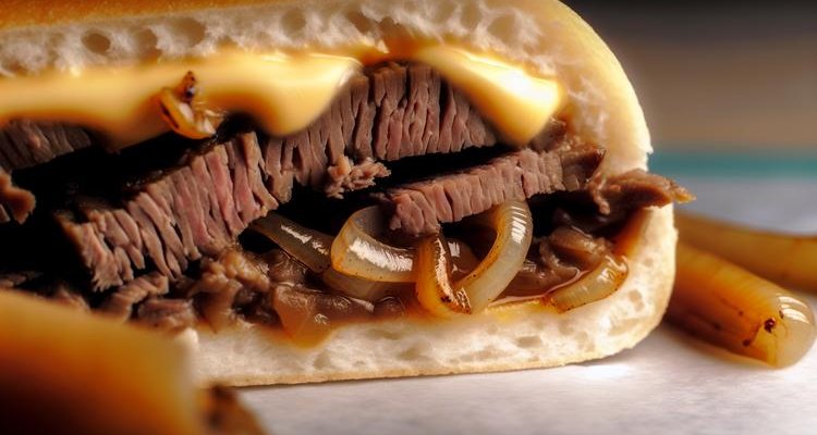 Cross-section of Philly cheesesteak showing ribeye, melted cheese, and onions inside hoagie roll