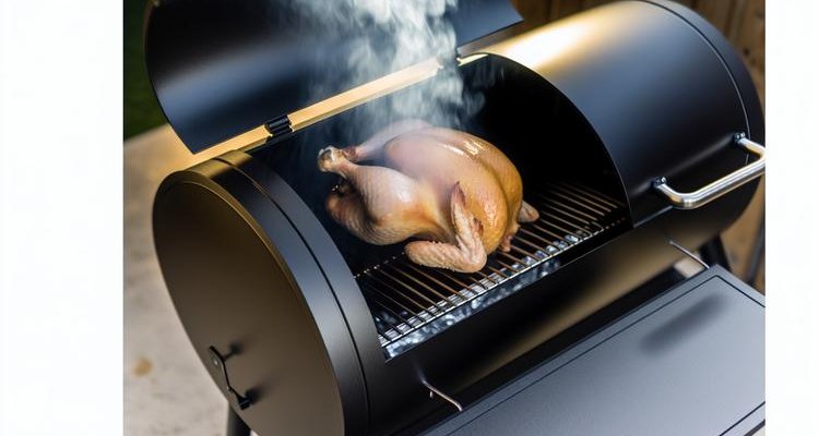 Whole chicken smoking on pellet grill with visible smoke
