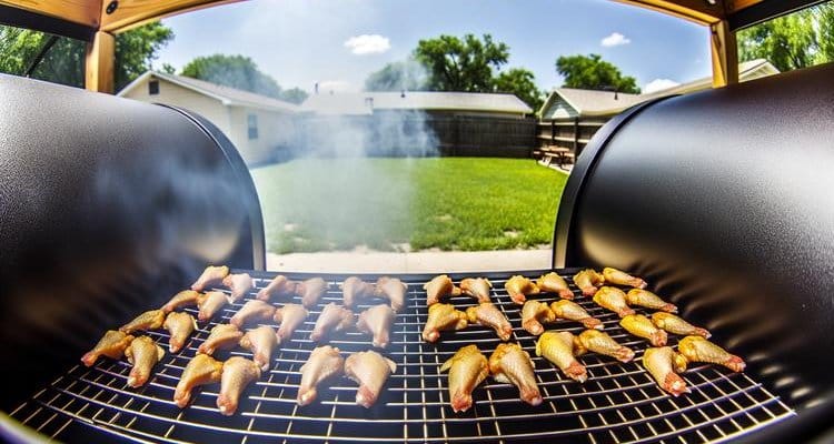 Chicken wings arranged on smoker grates with wisps of clean smoke