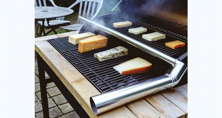 Cheese blocks on grill with smoke tube for cold smoking