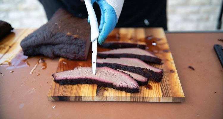 Competition-style brisket slices showing perfect smoke ring and bark