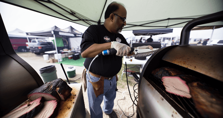 Pitmaster using cordless electric knife outdoors at BBQ competition