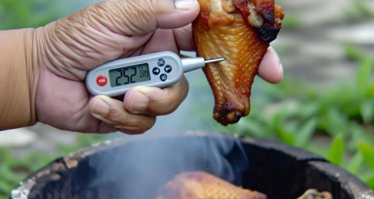 Close-up of crispy smoked chicken wing with meat thermometer