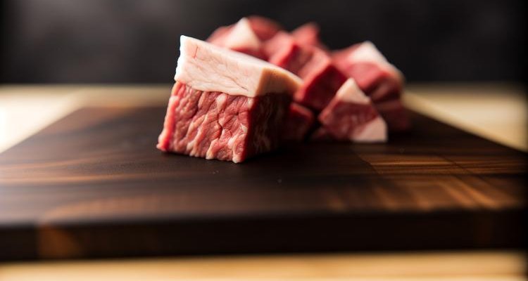 Smoked brisket point cut into 1.5-inch cubes showing marbling and fat