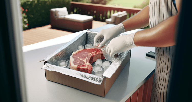 Premium grass-fed ribeye steak being removed from insulated delivery box with ice packs