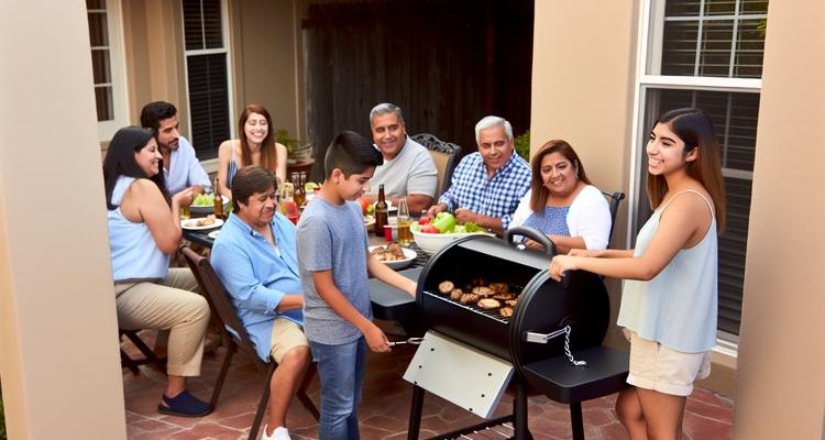 Family gathered around Pit Boss pellet grill on patio, adults and children, food being served