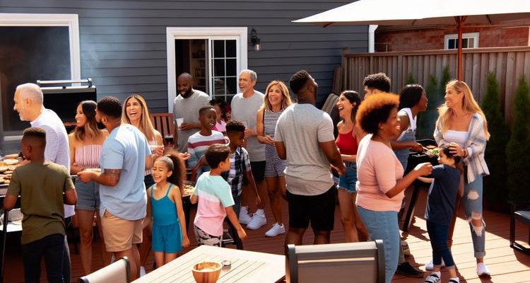 Large family gathering around a pellet grill at backyard BBQ party