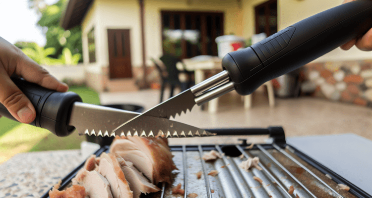 Close-up of serrated electric knife blade cutting through meat