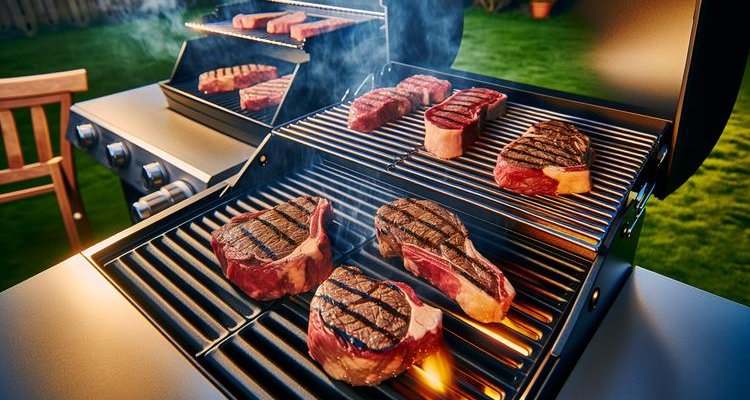 Premium mail order steaks grilling on outdoor BBQ with flames