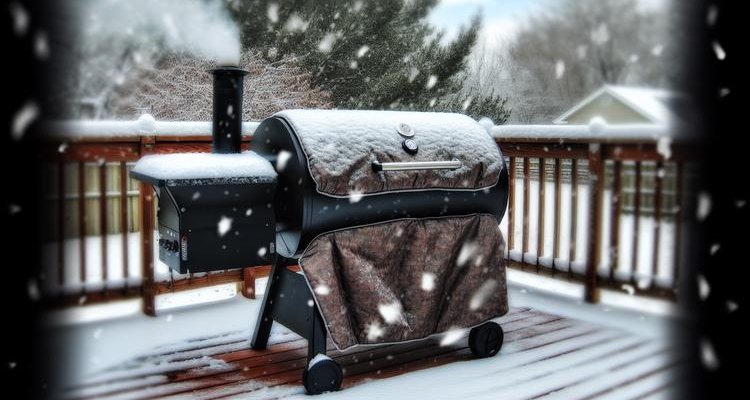 Pellet grill with insulation blanket in snowy winter backyard setting
