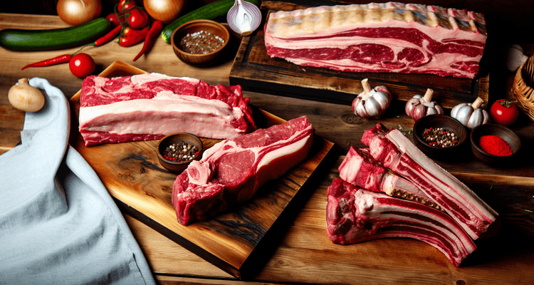 Premium raw meat cuts including marbled ribeye steak, thick beef brisket, and pork ribs arranged on rustic wooden cutting board