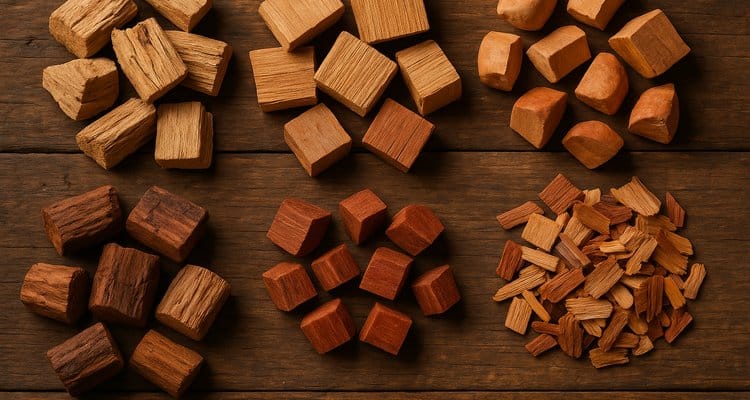 Premium BBQ wood selection including hickory, oak, apple, and cherry chunks for smoking