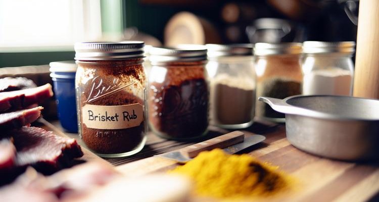 finished brisket rub in mason jar with handwritten label, additional spice containers nearby on wooden table - recipe step
