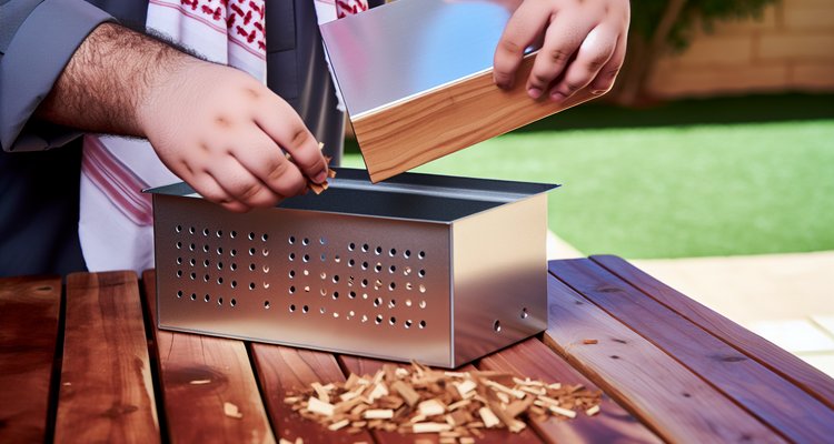 Hands filling smoker box with hinged lid open using hickory wood chips in backyard setting