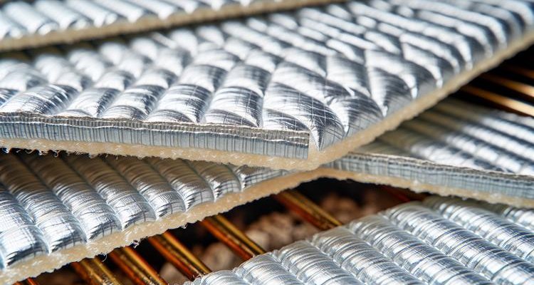 Closeup of multi-layer insulation blanket construction showing aluminum foil layers and quilted pattern