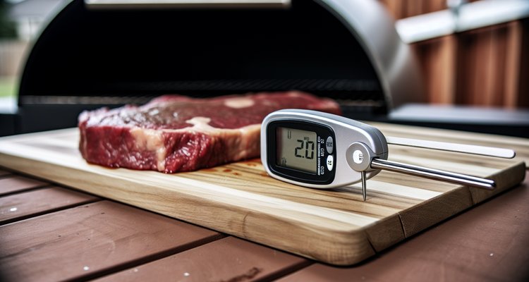 Probe thermometer inserted in steak to check internal temperature during reverse searing