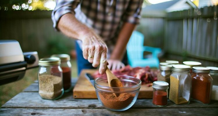 hands mixing homemade brisket rub spices together in a glass bowl with spoon, spice jars visible in background - cooking process