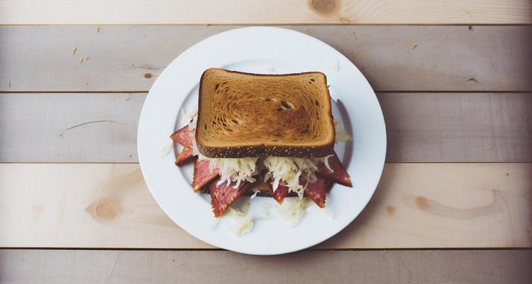 Homemade pastrami sandwich on rye bread with sauerkraut