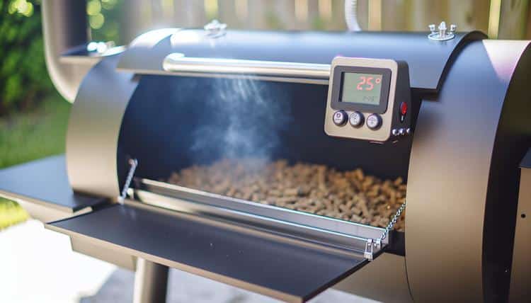 pellet grill preheated with digital temperature display showing 225 degrees, wood pellets visible in hopper