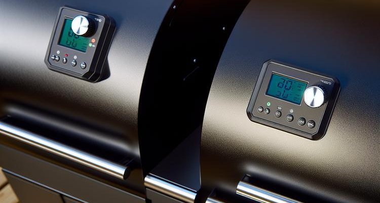 Close-up comparison of digital temperature control panels on Pit Boss and Traeger grills