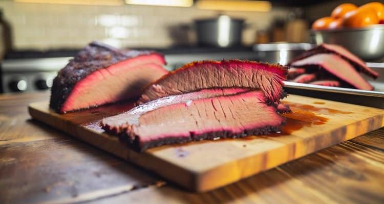 Perfect smoked brisket slice showing smoke ring and juicy texture