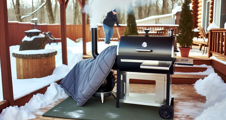 Person in winter jacket grilling on pellet smoker with insulation blanket in snowy backyard