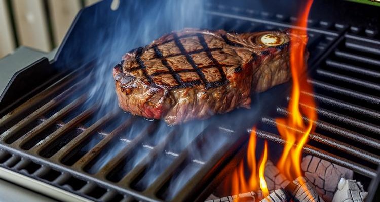Thick ribeye steak searing on a Pit Boss flame broiler with intense flames