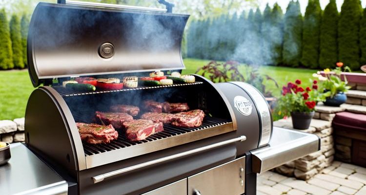 Pit Boss pellet grill with ribeye steaks and vegetables cooking on porcelain coated grates in backyard patio setting