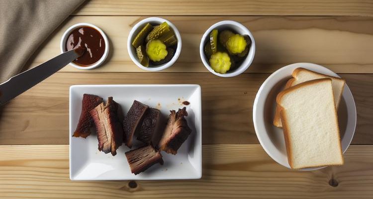 Plated burnt ends served Kansas City style with pickles, sauce, and white bread