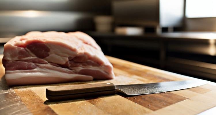 Pork shoulder on cutting board ready for trimming with knife