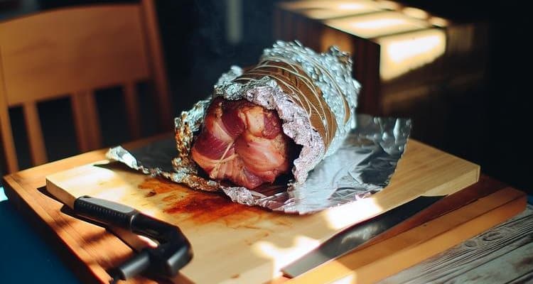 Smoked pork shoulder wrapped in aluminum foil