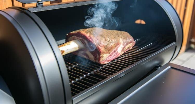 Prime rib roast smoking on outdoor grill with smoke visible around the meat