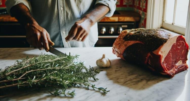 Applying herb seasoning rub to prime rib roast in preparation for smoking