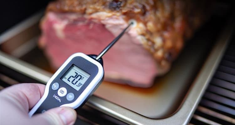Meat thermometer inserted into prime rib to check internal temperature while smoking