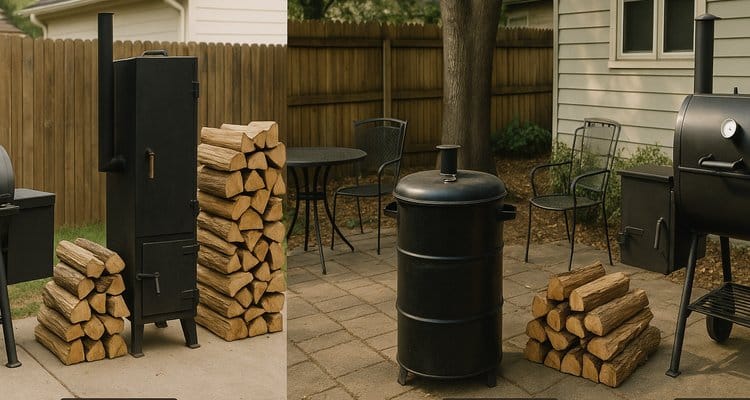 Different regional BBQ setups showing Texas offset, Carolina whole hog, and Kansas City smokers