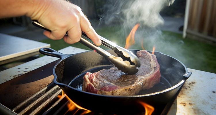 Steak searing in hot cast iron skillet during high-heat phase creating perfect crust