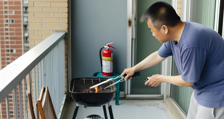 Apartment balcony with electric grill showing proper clearance from building structure
