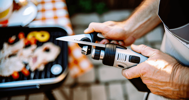 Demonstrating proper grip and safety technique with electric knife
