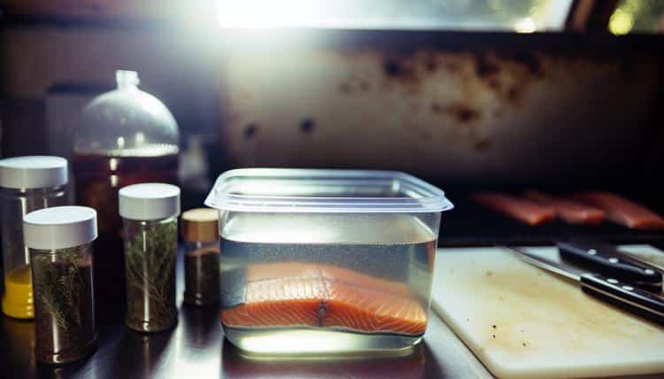 salmon fillet in glass container with wet brine solution, herbs and spices visible
