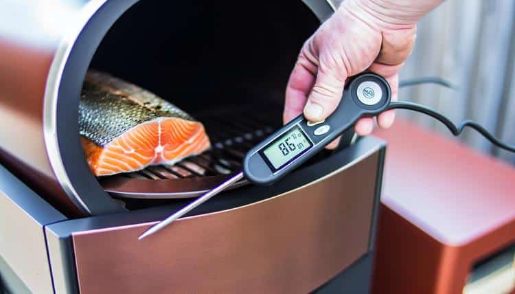 instant-read meat thermometer inserted into thickest part of salmon fillet on grill showing temperature