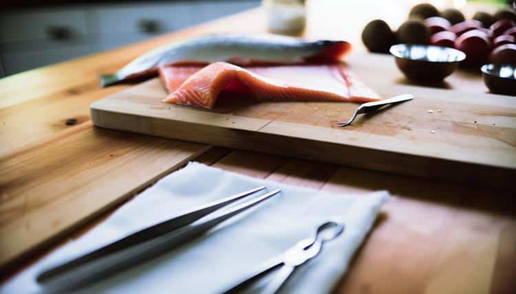 fresh salmon fillet on wooden cutting board with tweezers placed beside it, showing pin bone removal preparation