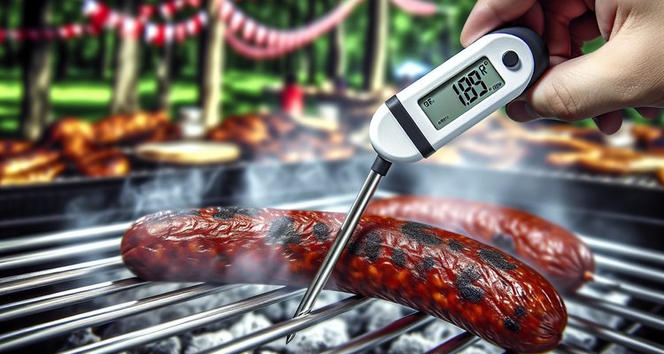 Instant-read thermometer inserted into end of smoked sausage showing temperature reading
