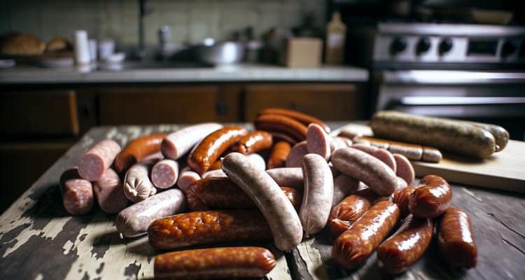 Different types of raw sausages - bratwurst, Italian sausage, chorizo, breakfast links - arranged side by side