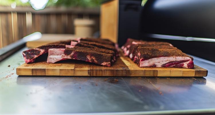Trimmed beef short ribs with dark rub coating ready for smoking