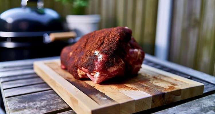 Seasoned pork shoulder with dry rub ready to go on the smoker