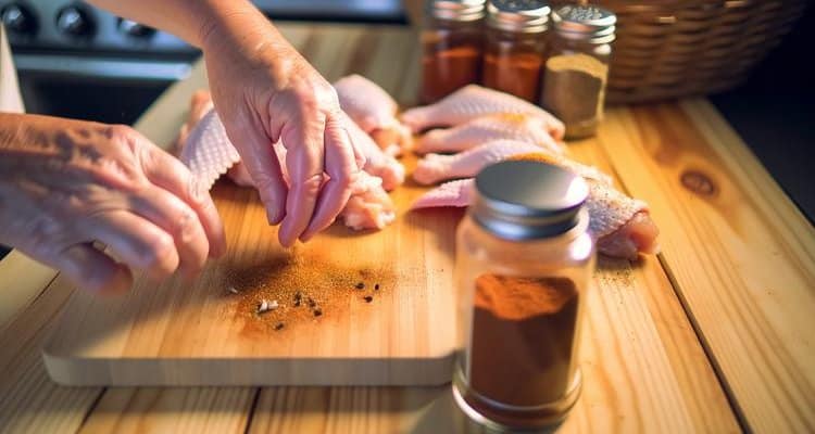 Hands applying dry rub seasoning to raw chicken wings on cutting board