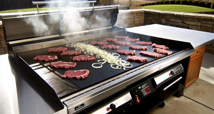 Thinly sliced ribeye beef cooking on flat-top griddle with caramelized onions