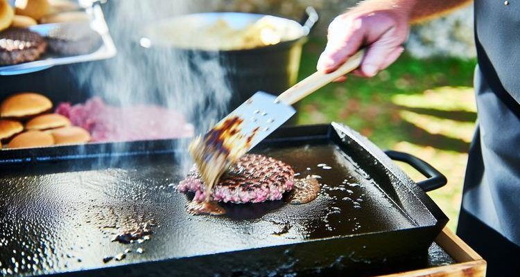 Action shot of smash burger being pressed flat on Blackstone griddle with spatula