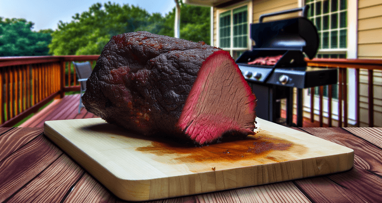 perfectly smoked brisket with prominent pink smoke ring visible beneath dark bark, shown in cross-section on wooden cutting board
